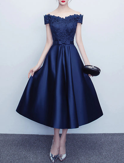 A-Line Cocktail Dresses Elegant Dress Wedding Guest Party Wear Tea Length Short Sleeve Off Shoulder Satin with Sash / Ribbon Bow(s) Pleats
