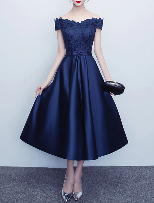 A-Line Cocktail Dresses Elegant Dress Wedding Guest Party Wear Tea Length Short Sleeve Off Shoulder Satin with Sash / Ribbon Bow(s) Pleats