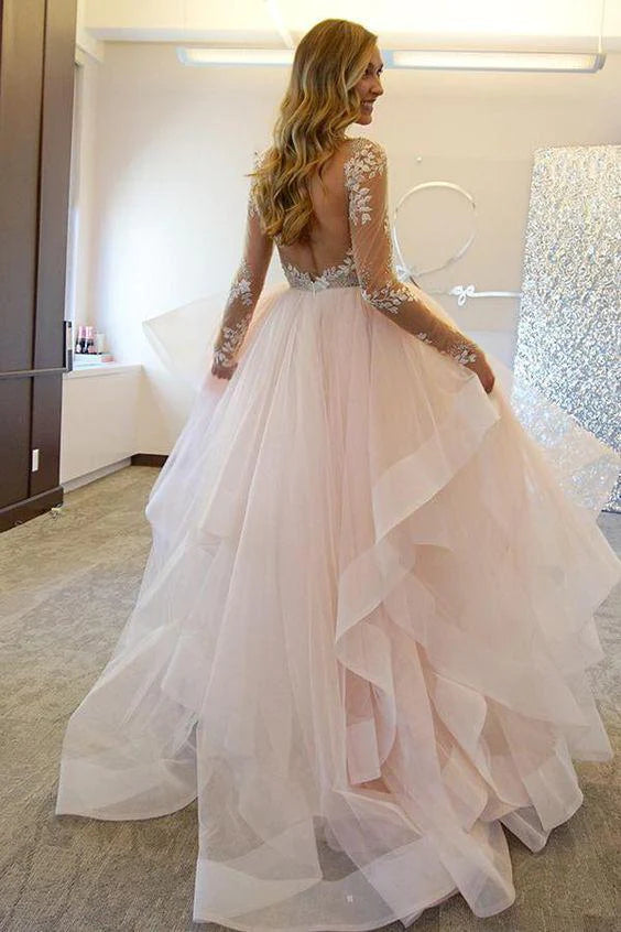 Fashion Ball Gown Lace Sheer Illusion Tulle Backless Long Asymmetrical Wedding Dress