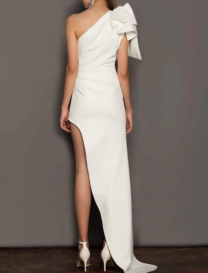 Reception Wedding Dresses Little White Dresses Sheath / Column One Shoulder Sleeveless Asymmetrical Satin Bridal Gowns With Bow(s) Ruched Summer Fall Wedding Party