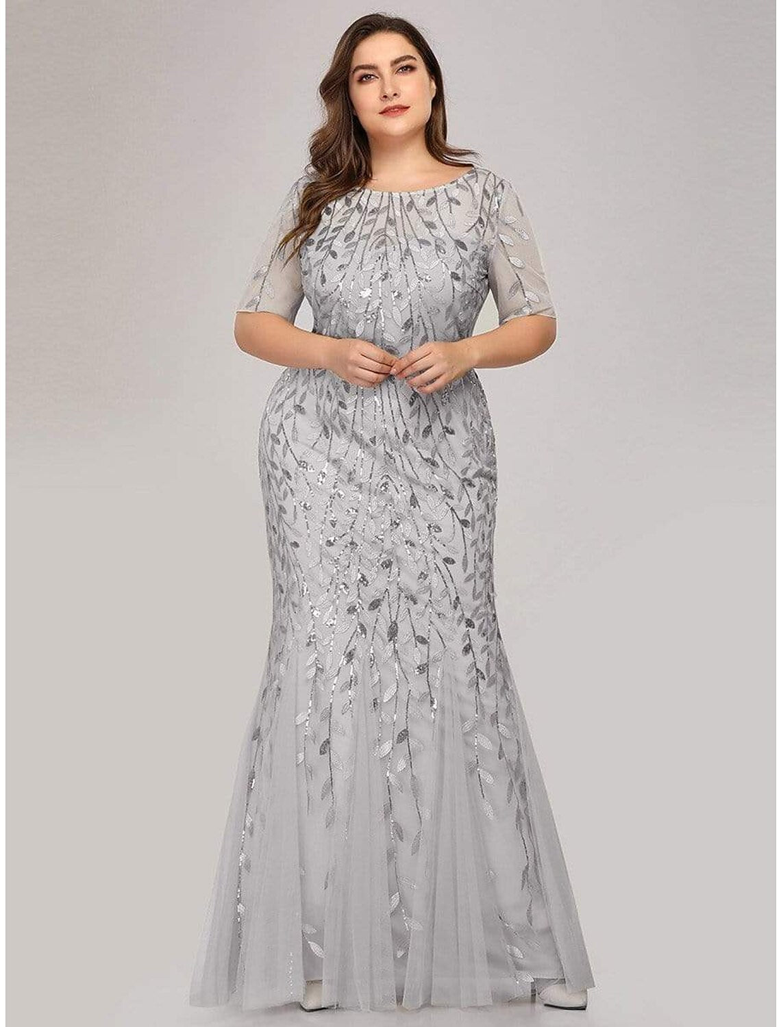 Mermaid / Trumpet Empire Elegant Party Wear Formal Evening Dress Jewel Neck Short Sleeve Floor Length Tulle with Embroidery