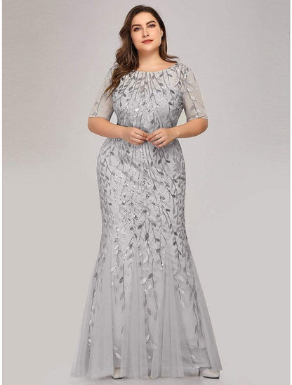 Mermaid / Trumpet Empire Elegant Party Wear Formal Evening Dress Jewel Neck Short Sleeve Floor Length Tulle with Embroidery