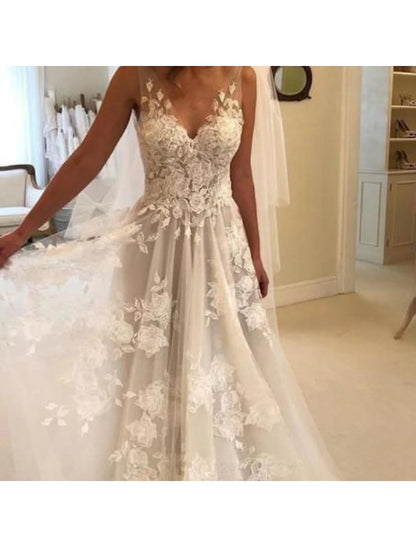 Beach Boho Wedding Dresses A-Line V Neck Sleeveless Sweep / Brush Train Lace Bridal Gowns With Appliques Summer Fall Wedding Party   Women‘s Clothing