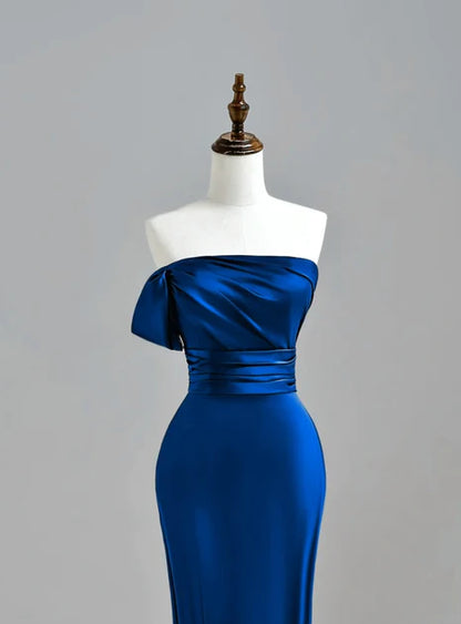Noble and minimalist navy blue satin shoulder less mermaid spoon long party dress with navy blue backless straps and ground length ball dress