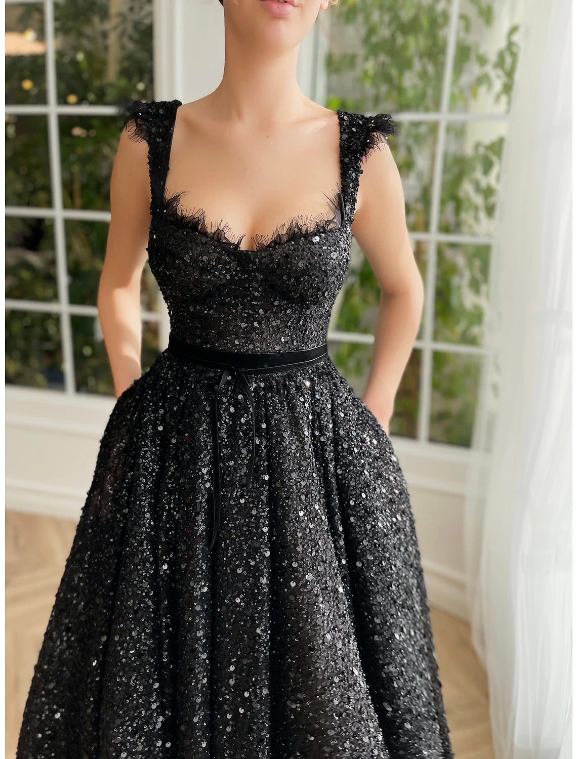 A-Line Prom Black Dress Vintage Dress Masquerade Party Wear Ankle Length Sleeveless Strapless Wednesday Addams Family Lace with Glitter Sequin