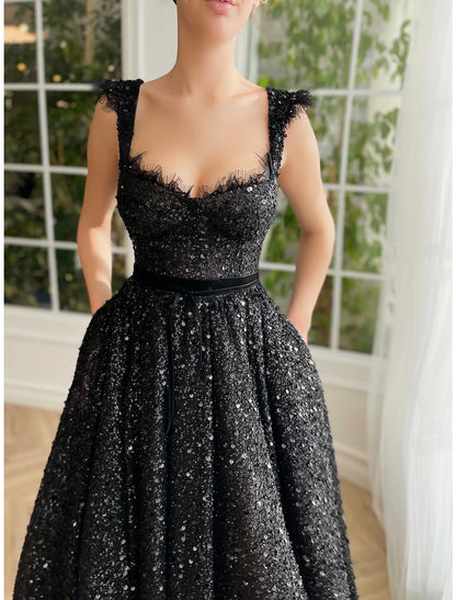 A-Line Prom Black Dress Vintage Dress Masquerade Party Wear Ankle Length Sleeveless Strapless Wednesday Addams Family Lace with Glitter Sequin