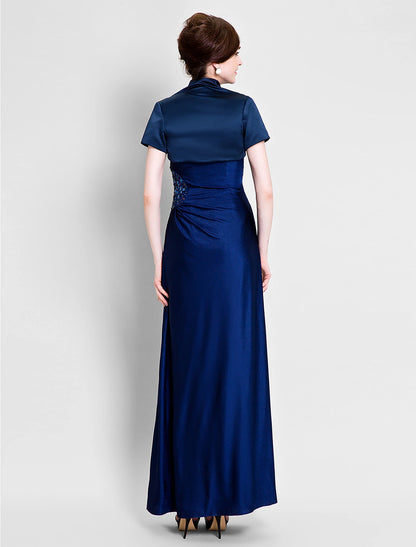 Sheath / Column Mother of the Bride Dress Convertible Dress One Shoulder Ankle Length Satin Jersey Short Sleeve No with Beading