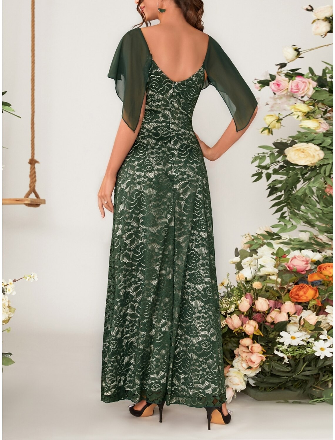 A-Line Mother of the Bride Dress Wedding Guest Elegant V Neck Ankle Length Lace Short Sleeve with Lace Pleats