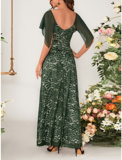 A-Line Mother of the Bride Dress Wedding Guest Elegant V Neck Ankle Length Lace Short Sleeve with Lace Pleats