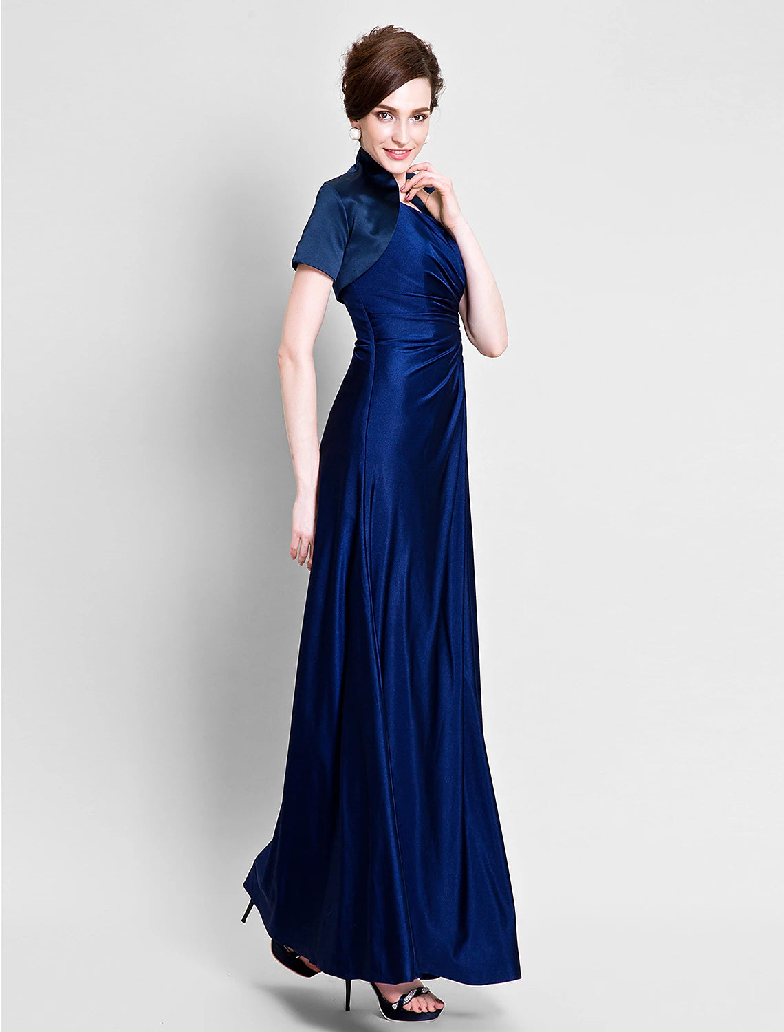 Sheath / Column Mother of the Bride Dress Convertible Dress One Shoulder Ankle Length Satin Jersey Short Sleeve No with Beading
