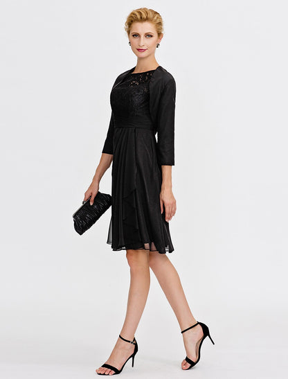 A-Line Mother of the Bride Dress Formal Little Black Dress Convertible Dress Wrap Included Illusion Neck Knee Length Chiffon Satin Lace 3/4 Length Sleeve yes with Sash / Ribbon Pleats