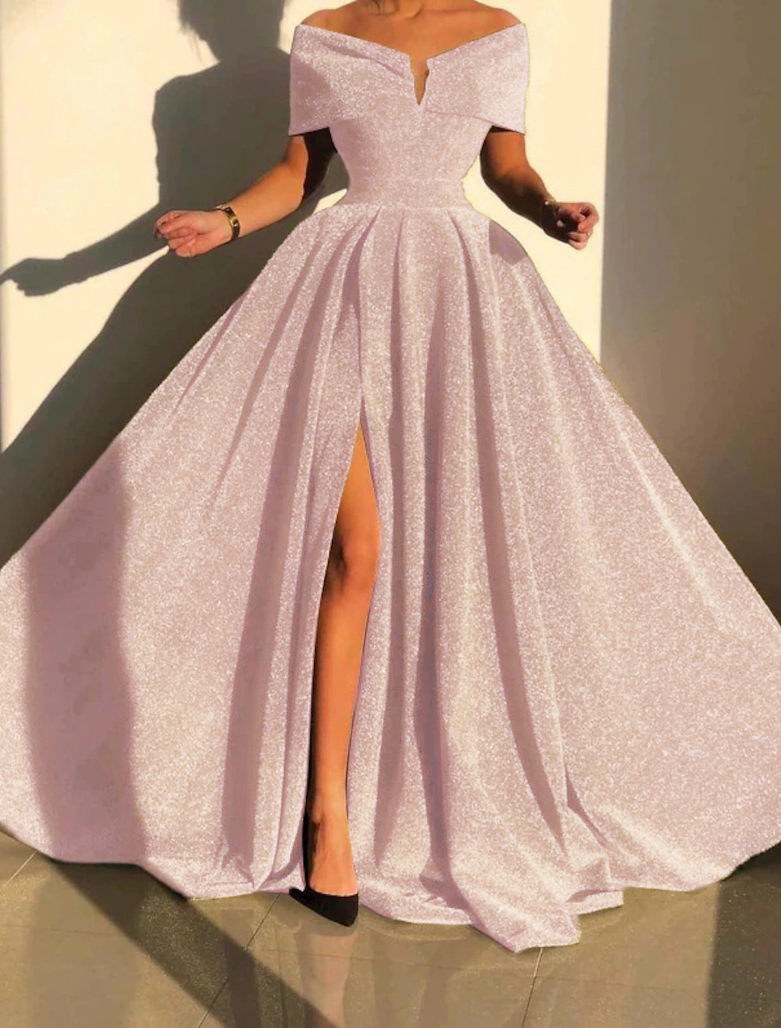 A-Line Evening Gown Sparkle & Shine Dress Formal Fall Court Train Sleeveless Off Shoulder Sequined with Sequin Slit