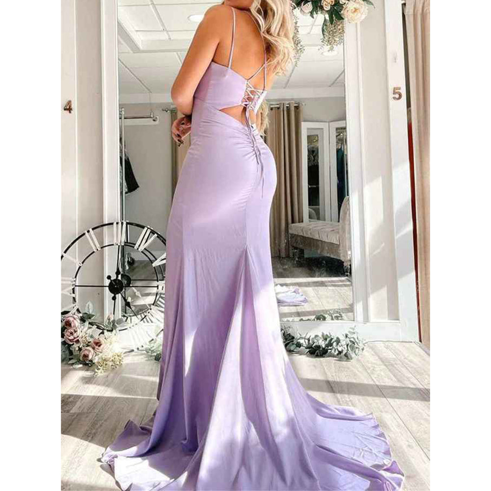 New Arrival Evening Dresses A Line Spaghetti Straps Lavender With Slit Satin Prom Dresses