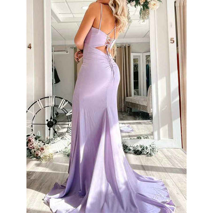 New Arrival Evening Dresses A Line Spaghetti Straps Lavender With Slit Satin Prom Dresses