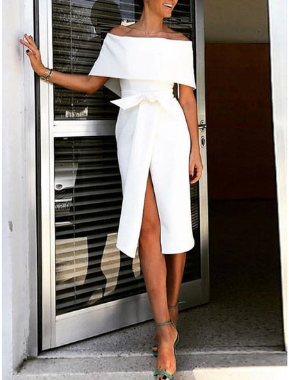 Reception Little White Dresses Wedding Dresses Sheath / Column Off Shoulder Short Sleeve Knee Length Stretch Fabric Bridal Gowns With Bow(s) Split Front