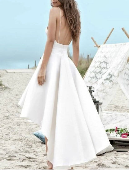 Beach Little White Dresses Wedding Dresses A-Line Camisole V Neck Spaghetti Strap Asymmetrical Satin Bridal Gowns With Pleats