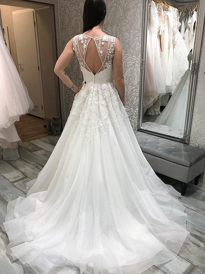 A-line Princess Tulle Applique V-neck Sleeveless and Floor Length Wedding Dress