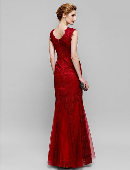 Mermaid / Trumpet Mother of the Bride Dress Jewel Neck Ankle Length Lace Tulle Sleeveless No with Lace Crystals