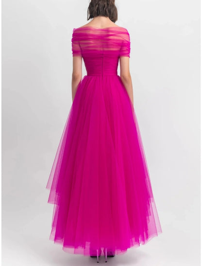 A-Line Evening Gown Party Dress Puffy Dress Formal Fall Ankle Length Short Sleeve Off Shoulder Tulle with Pleats Ruched