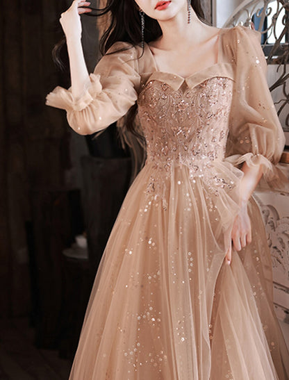 A-Line Prom Dresses Sparkle & Shine Dress Prom Wedding Party Floor Length Half Sleeve Scoop Neck Lace with Sequin Appliques