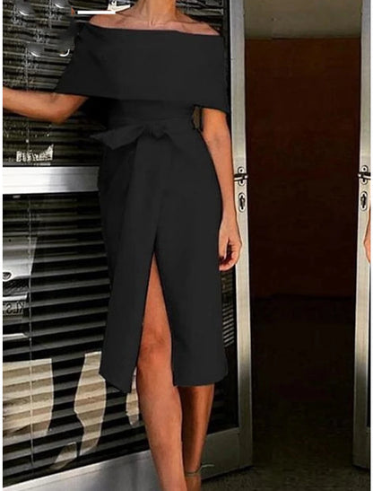 Reception Little White Dresses Wedding Dresses Sheath / Column Off Shoulder Short Sleeve Knee Length Stretch Fabric Bridal Gowns With Bow(s) Split Front