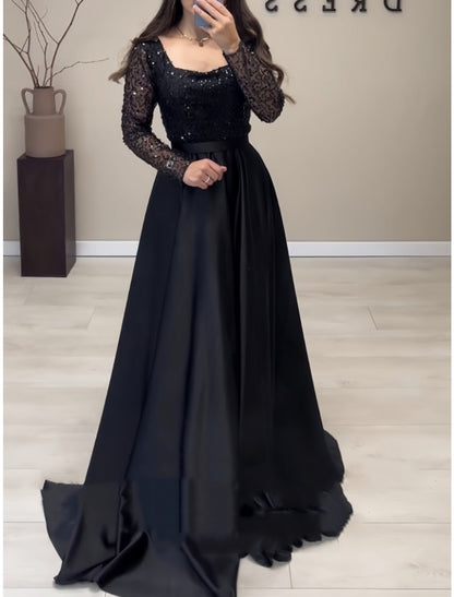 A-Line Evening Gown Elegant Dress Formal Sweep / Brush Train Long Sleeve Square Neck Satin with Glitter Pleats