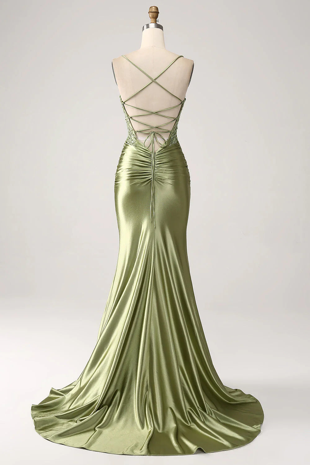 Fishtail sage thin shoulder strap with back slit prom dress