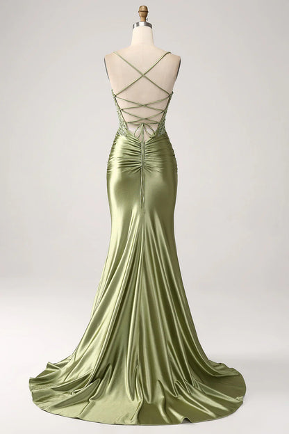 Fishtail sage thin shoulder strap with back slit prom dress