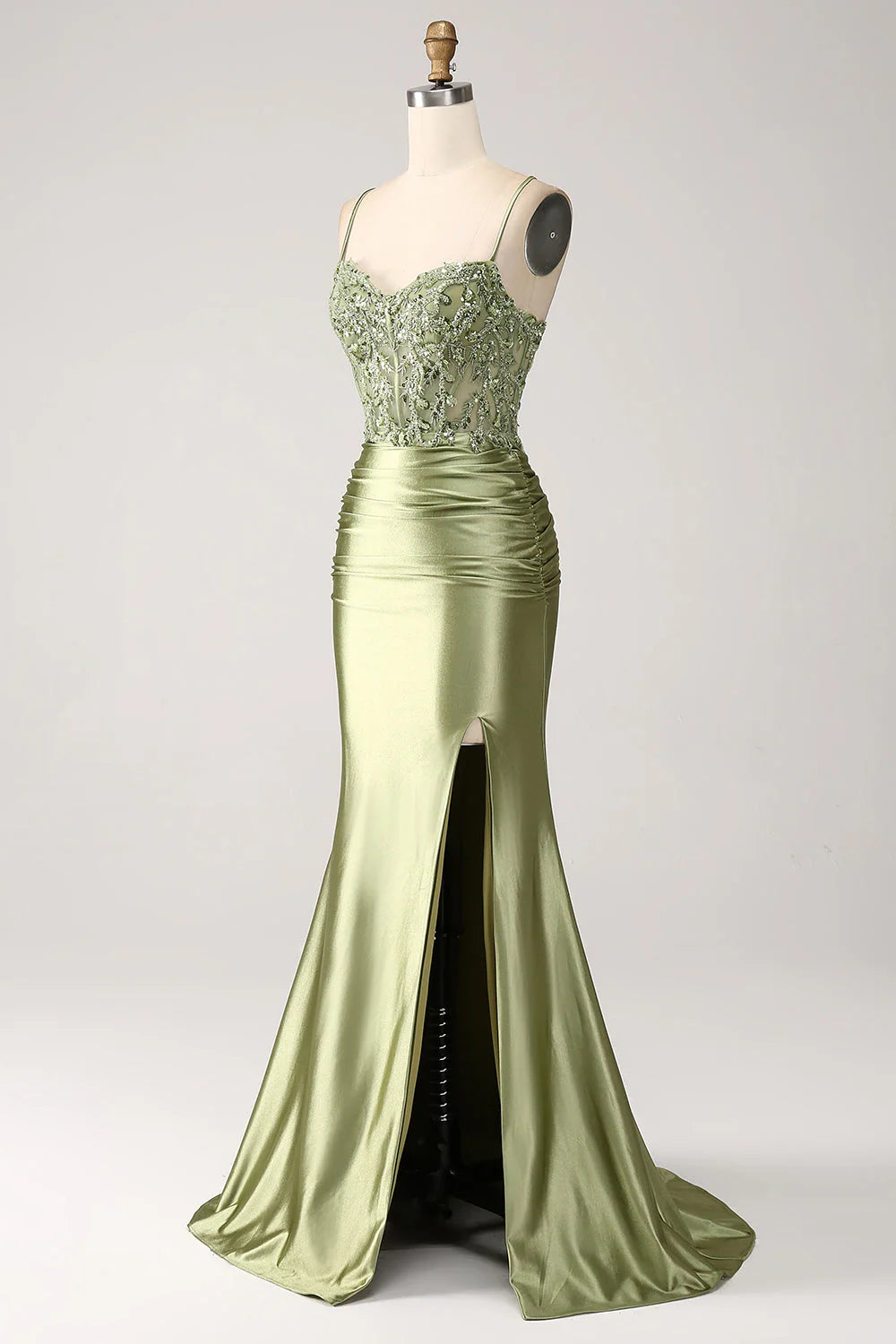 Fishtail sage thin shoulder strap with back slit prom dress