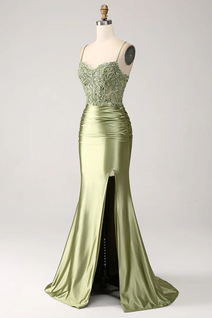 Fishtail sage thin shoulder strap with back slit prom dress