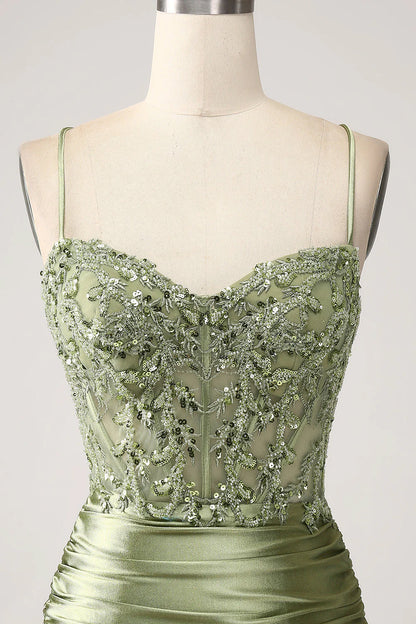 Fishtail sage thin shoulder strap with back slit prom dress