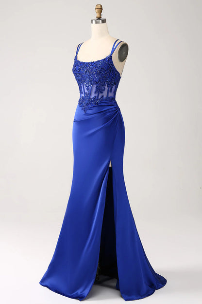 Royal blue mermaid tight fitting corset with beaded long slit prom dress