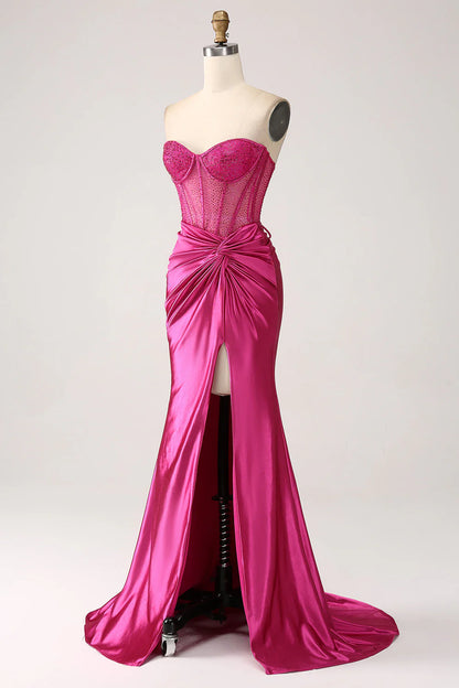 Purple red fishtail sweetheart pleated long slit tight fitting corset satin prom dress