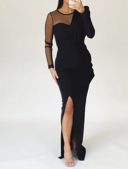 Mermaid / Trumpet Evening Gown Black Dress Dress Wedding Guest Black Tie Floor Length Long Sleeve Jewel Neck Stretch Fabric with Ruched Slit