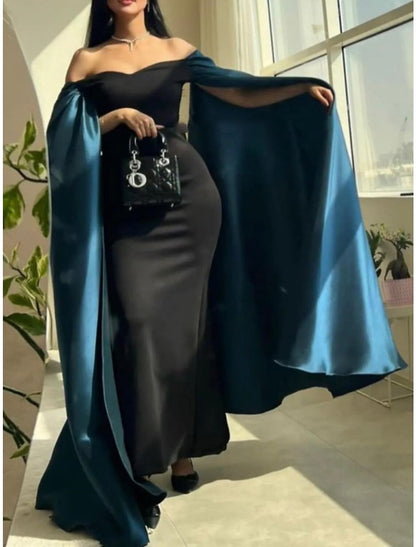 Sheath / Column Evening Gown Elegant Dress Formal Ankle Length Black Dress Long Sleeve Off Shoulder Satin with Pleats Ruched