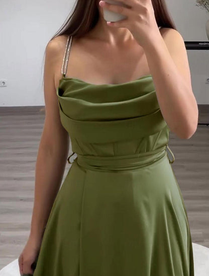 A-Line Evening Gown Elegant Dress Formal Floor Length Sleeveless Spaghetti Strap Italy Satin with Ruched