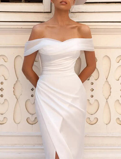 Beach Sexy Casual Wedding Dresses Mermaid / Trumpet Off Shoulder Cap Sleeve Court Train Chiffon Bridal Gowns With Ruched Split Front