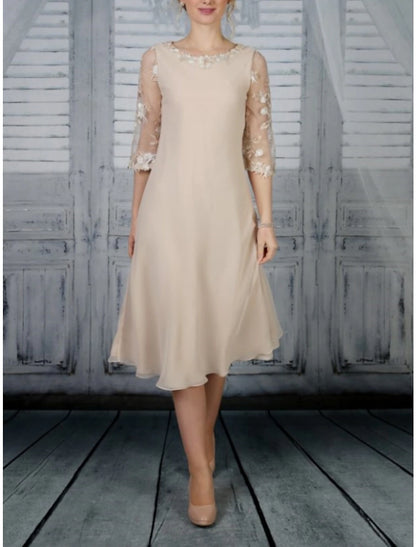 Elegant Sheath Scoop Neck Half Sleeve Tea Length Mother of the Bride Dress