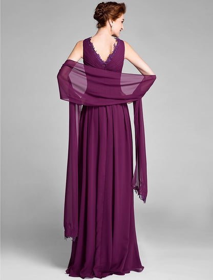 Sheath / Column Mother of the Bride Dress Wrap Included V Neck Floor Length Chiffon Sleeveless with Sash / Ribbon Criss Cross