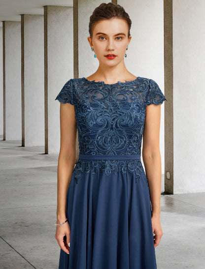A-Line Mother of the Bride Dress Luxurious Elegant Jewel Neck Tea Length Chiffon Lace Cap Sleeve with Pleats Appliques