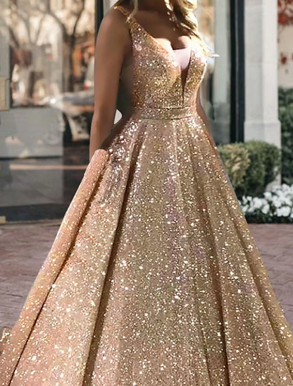 Ball Gown Glitter Prom Black Dress Luxurious Tulle Sparkly Dress For Wedding Party Quinceanera Sweep / Brush Train Sleeveless V Neck Tulle V Back with Sequin