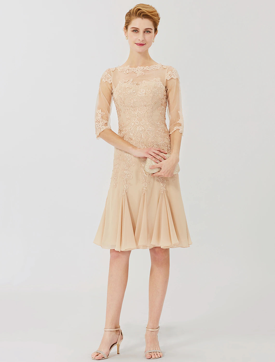 Sheath / Column Mother of the Bride Dress Classic & Timeless Elegant & Luxurious Beautiful Back Illusion Neck Knee Length Chiffon All Over Lace Half Sleeve with Appliques / See Through