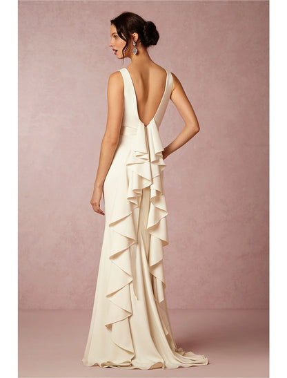 Hall Open Back Casual Wedding Dresses Sheath / Column Scoop Neck Sleeveless Sweep / Brush Train Fabric Bridal Gowns With Draping Summer Fall Wedding Party  Women's Clothing