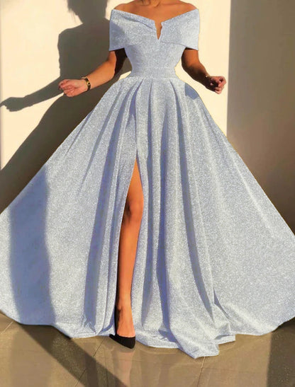 A-Line Evening Gown Sparkle & Shine Dress Formal Fall Court Train Sleeveless Off Shoulder Sequined with Sequin Slit