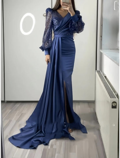A-Line Evening Gown Elegant Dress Formal Fall Court Train Long Sleeve V Neck Satin with Glitter Pleats