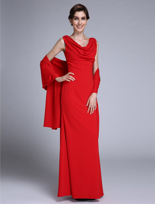 Mermaid / Trumpet Mother of the Bride Dress Wrap Included Cowl Neck Floor Length Chiffon Sleeveless yes with Pleats