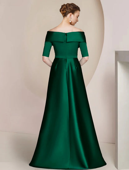 Sheath / Column Mother of the Bride Dress Formal Wedding Guest Party Elegant Formal Party Satin Half Sleeve Off Shoulder Floor Length with Overskirts Ruching