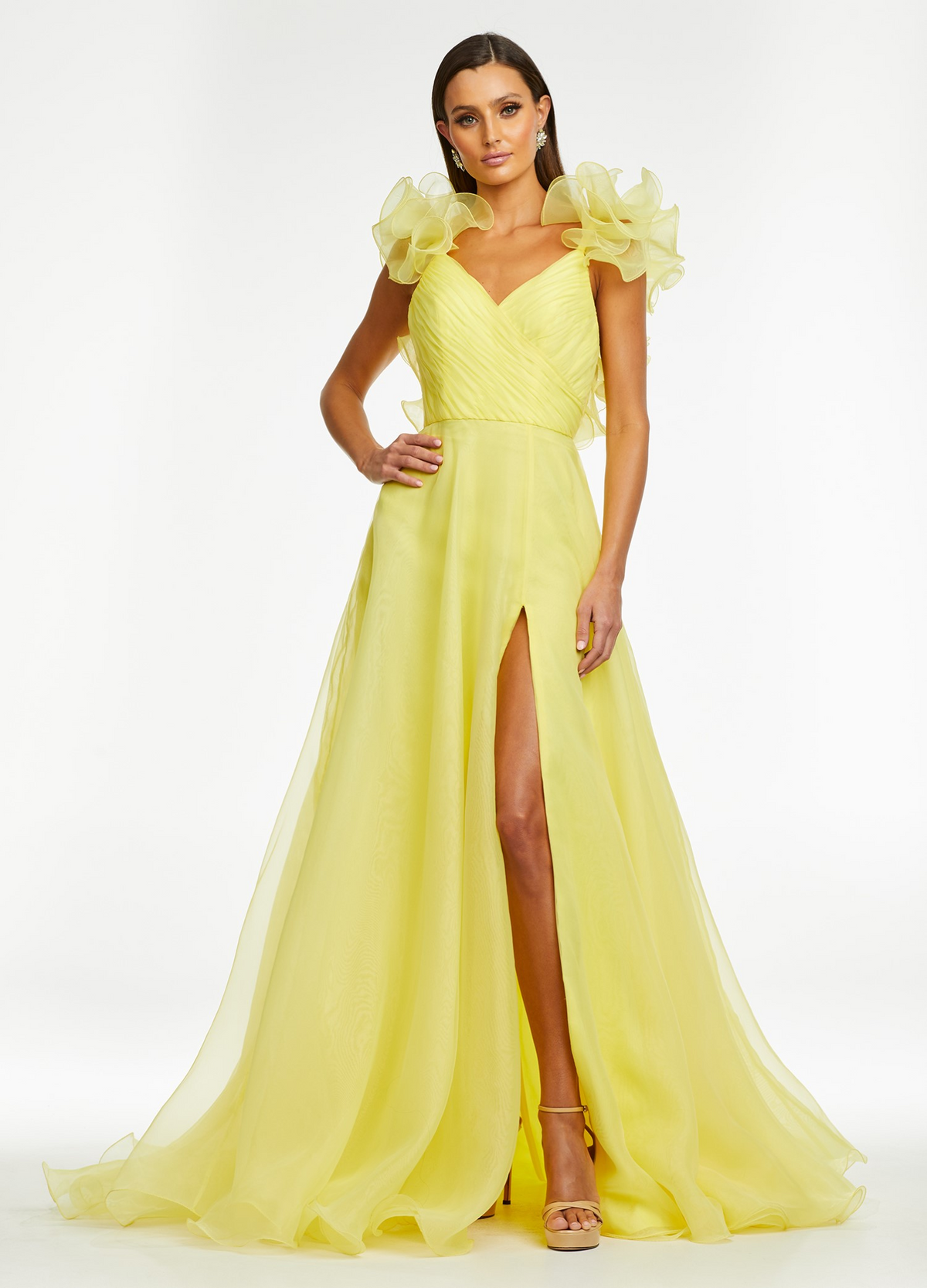 yellow v-neck ruffle organza a-line high slit long prom dress
