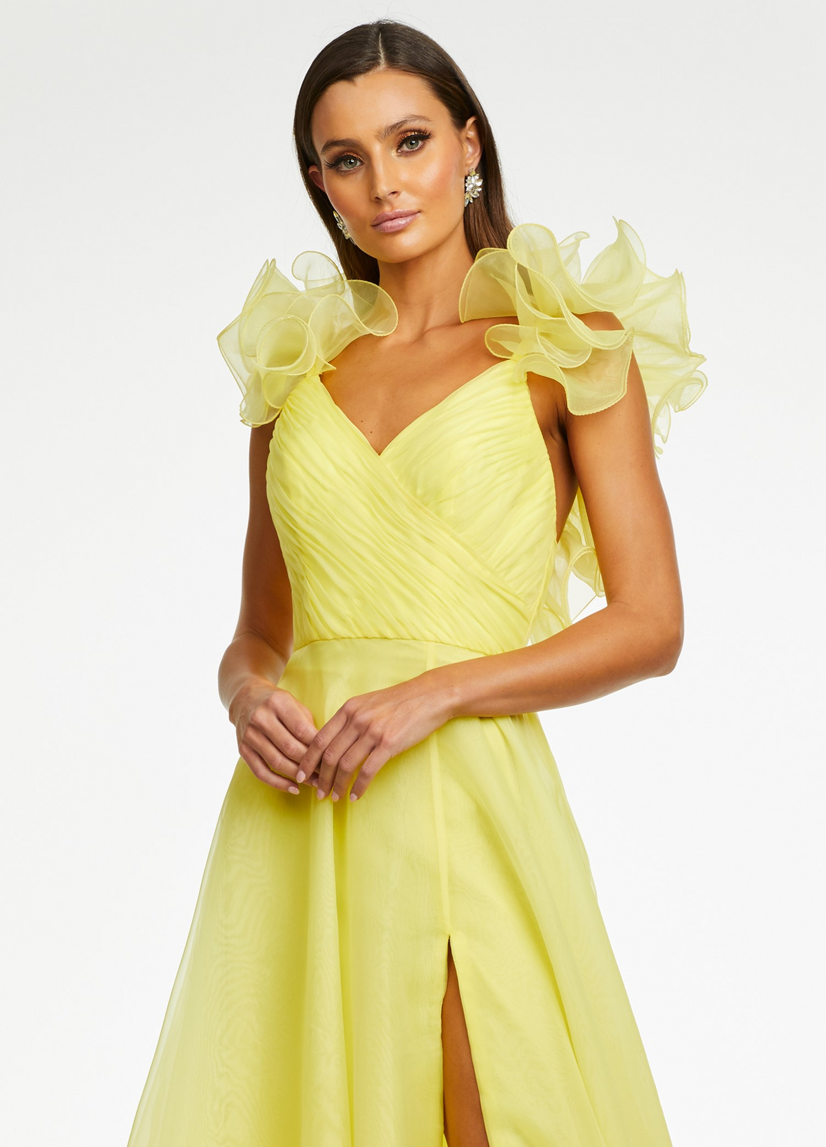 yellow v-neck ruffle organza a-line high slit long prom dress