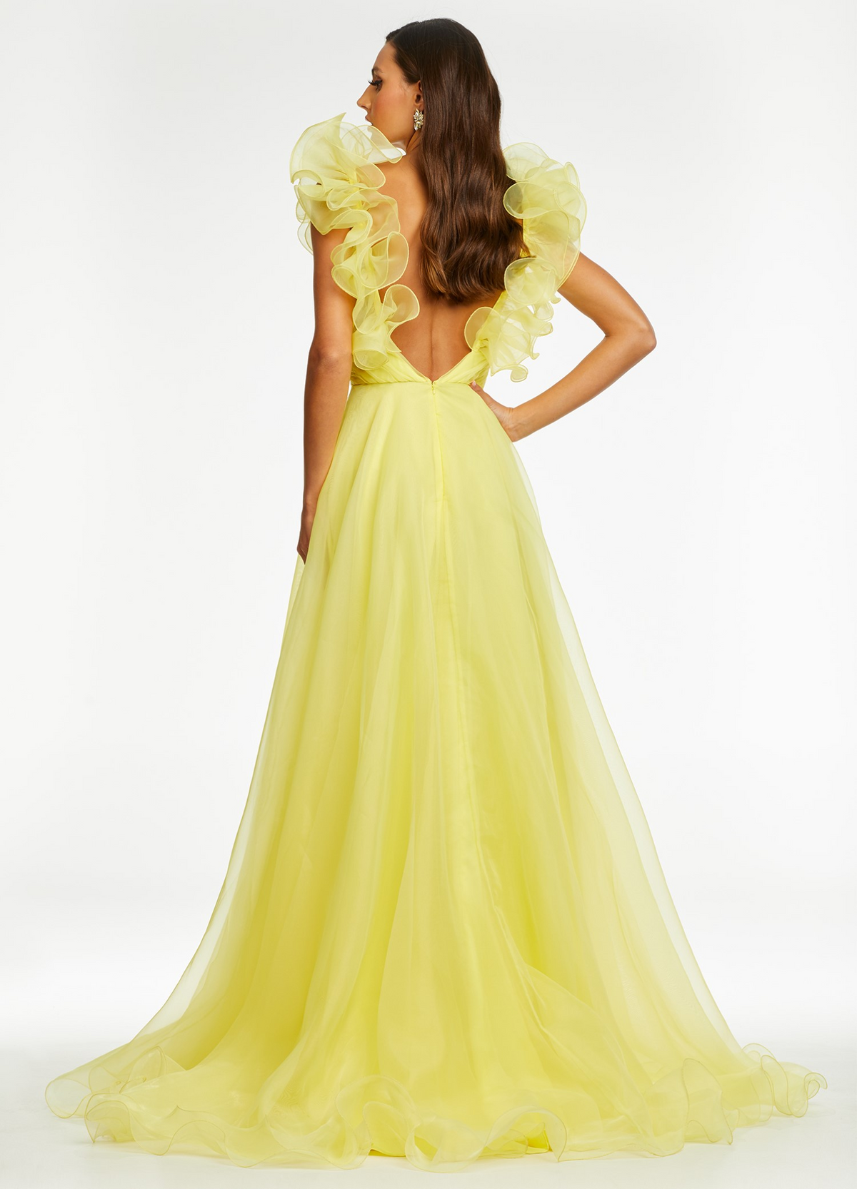 yellow v-neck ruffle organza a-line high slit long prom dress